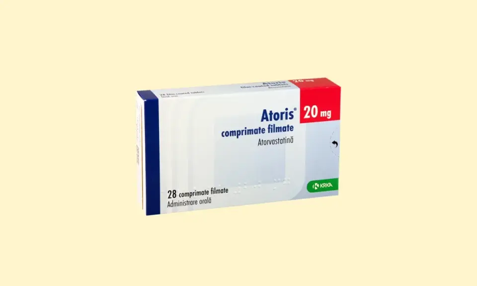 Opakowanie tabletek na cholesterol na receptę Atoris 20 mg, zawierające 28 sztuk.