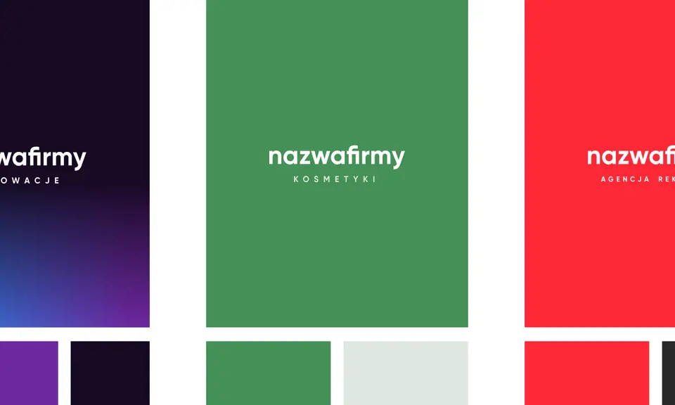 Trzy logotypy: "nazwafirmy INNOWACJE" na tle gradientu od granatowego do niebieskiego, "nazwafirmy KOSMETYKI" na zielonym tle, "nazwafirmy AGENCJA REKLAMY" na czerwonym tle. Kolor niebieski symbolizuje spokój i innowacje.