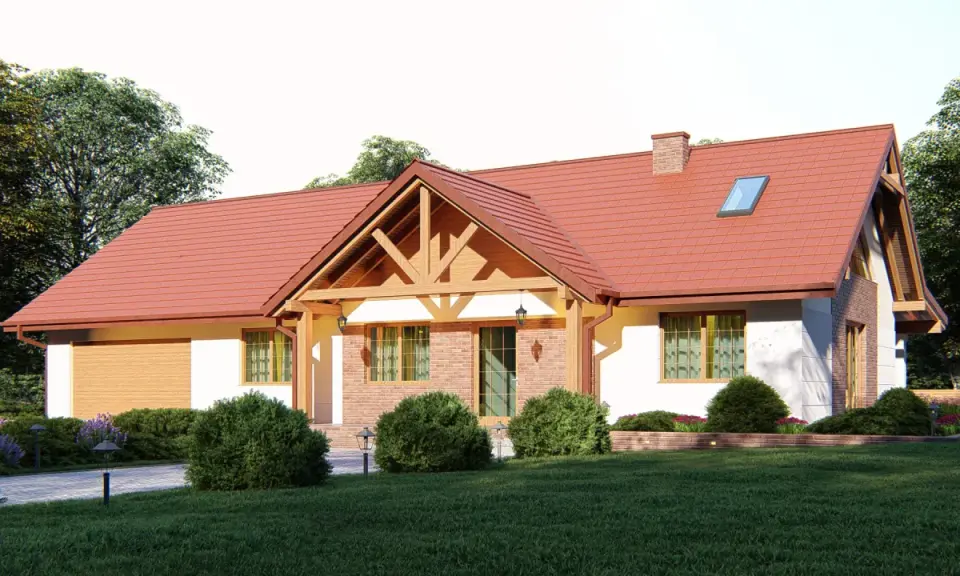Urokliwy dom w stylu kolonialnym z czerwoną dachówką, ceglanymi detalami i drewnianą werandą, otoczony zielenią.