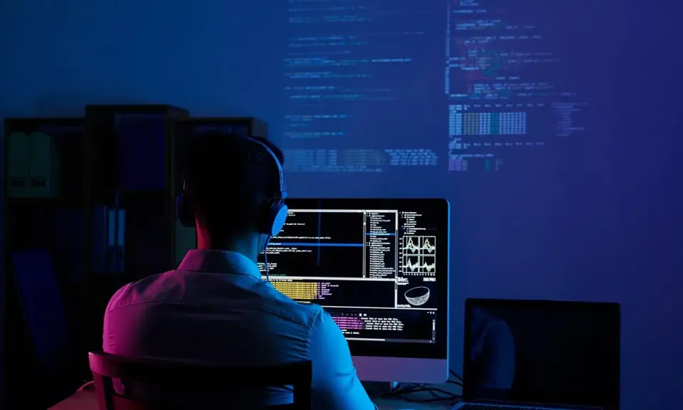 Programmatore con cuffie lavora al suo computer, analizzando dati e codice su più schermi. Il cam software illumina la stanza con luci blu e rosa.