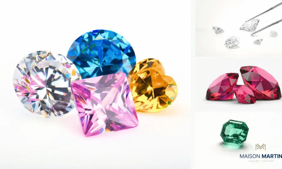 Un arcobaleno di gemme: un diamante rosa quadrato, uno zaffiro blu rotondo, un diamante giallo a forma di cuore e un diamante bianco sfaccettato.