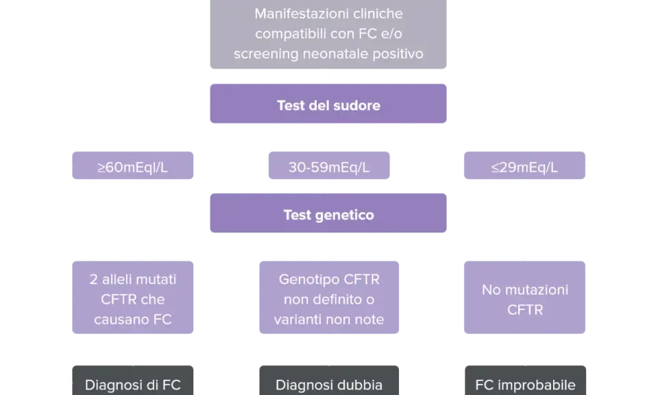 Diagramma di flusso per la diagnosi di fibrosi cistica neonato: test del sudore, test genetico e possibili esiti.
