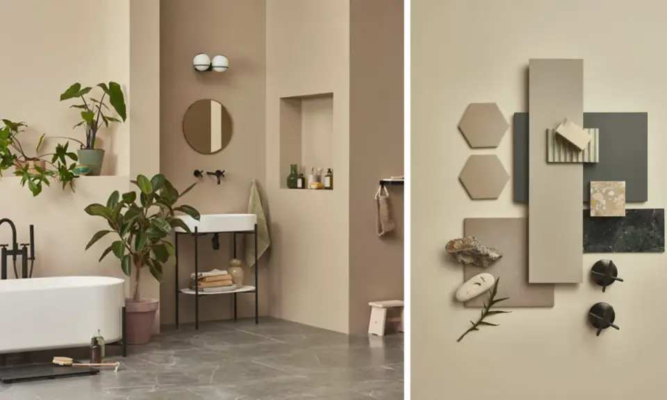 Ett modernt, målat badrum i neutrala toner med växter och en fristående badkar. Till höger en moodboard med materialprover.