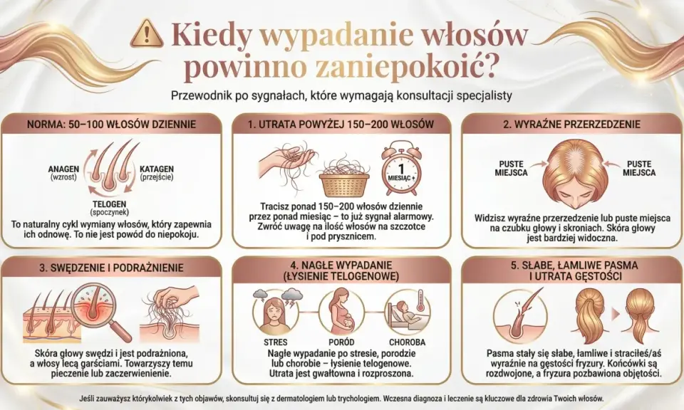 Nadmierne wypadanie włosów, przerzedzenie, swędzenie skóry głowy, łamliwe pasma – to sygnały, od czego wypadają włosy i kiedy warto skonsultować się ze specjalistą.