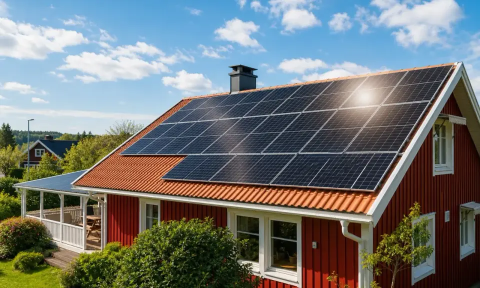 Rött hus med solceller på taket som ger direktverkande el. Solen glittrar på panelerna.