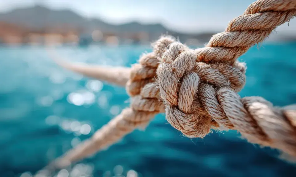 Gros plan sur un nœud de marin bien serré, sur fond de mer bleue et de montagnes floues. L'art de faire un noeud de marin est essentiel pour la sécurité en mer.