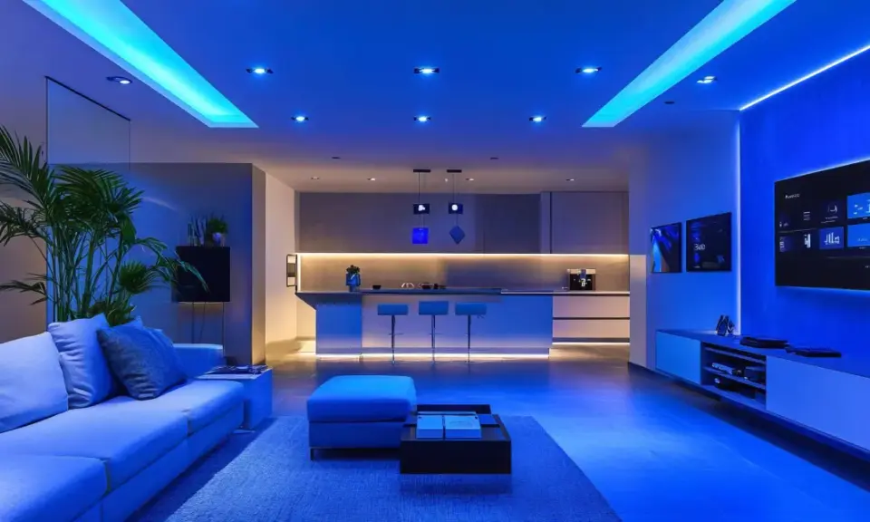 Nowoczesny salon z kuchnią, oświetlony niebieskim światłem. Porównanie lumenów różnych źródeł światła, od sufitowych po taśmy LED.