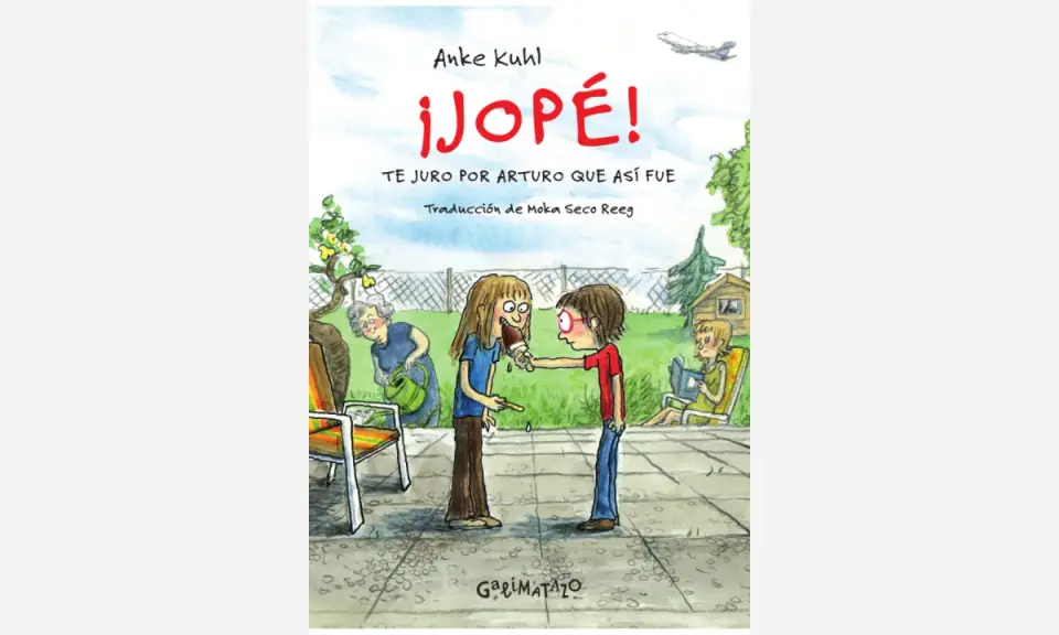 Libros para niñas de 12 años: ¡Jopé! Te juro por Arturo que así fue. Divertida portada de un libro infantil con niños y abuela en el jardín.