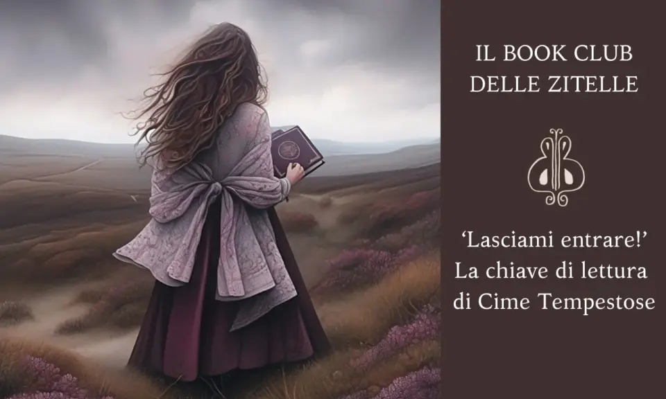 Una donna con lunghi capelli mossi dal vento tiene in mano un libro, evocando l'atmosfera dei libri di Emily Brontë.