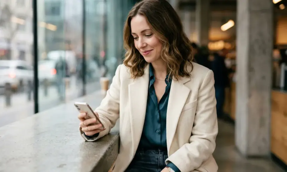 Uśmiechnięta kobieta w beżowym płaszczu przegląda telefon. Zastanawia się, co odpisać na "czego szukasz na Tinderze?".