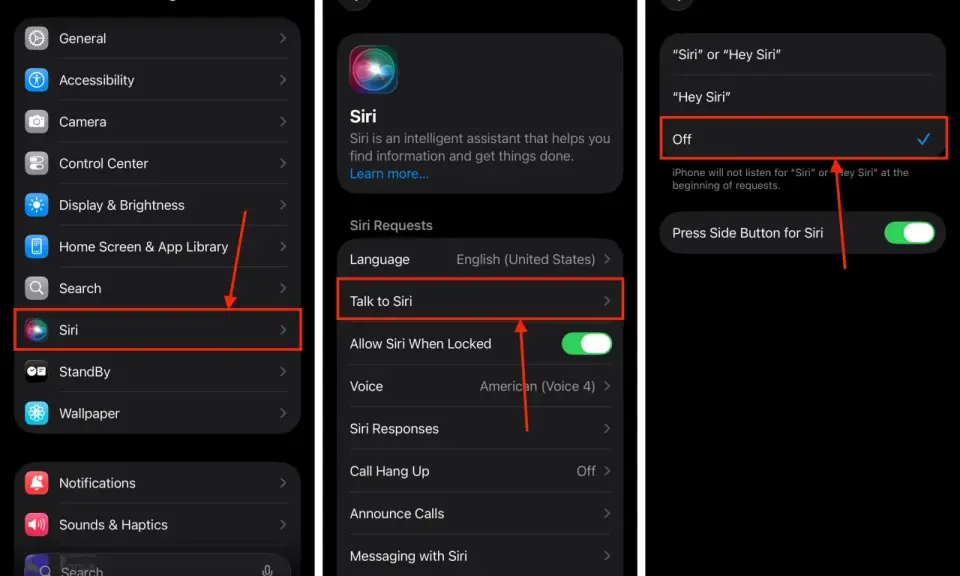 Jak włączyć Siri: w Ustawieniach wybierz Siri, a następnie "Talk to Siri". Upewnij się, że opcja "Off" nie jest zaznaczona.