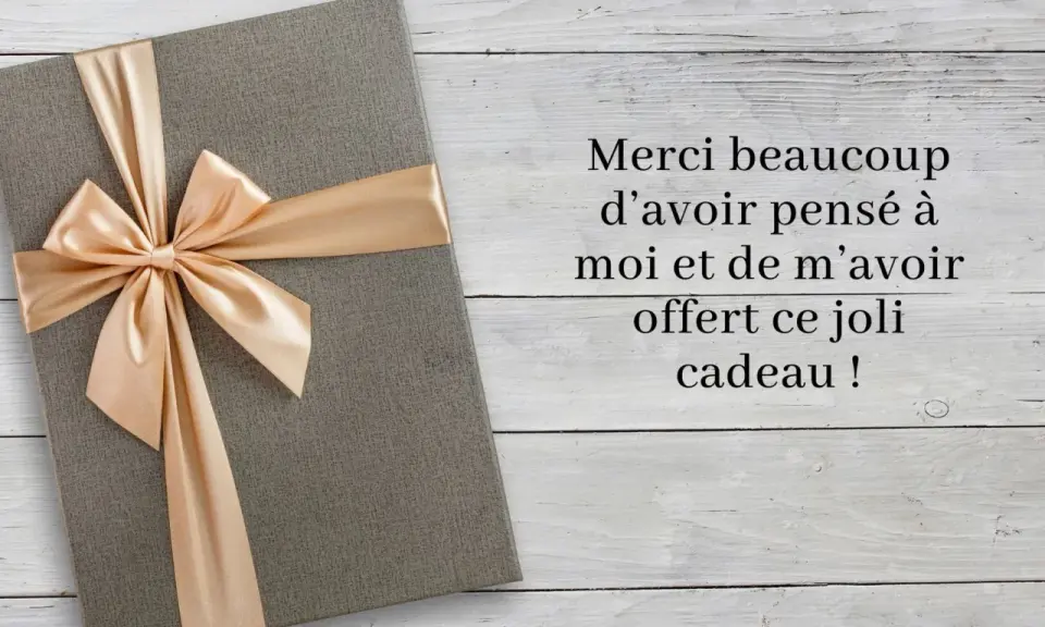 Un cadeau gris avec un ruban doré, accompagné d'un message : "Merci beaucoup d'avoir pensé à moi et de m'avoir offert ce joli cadeau !