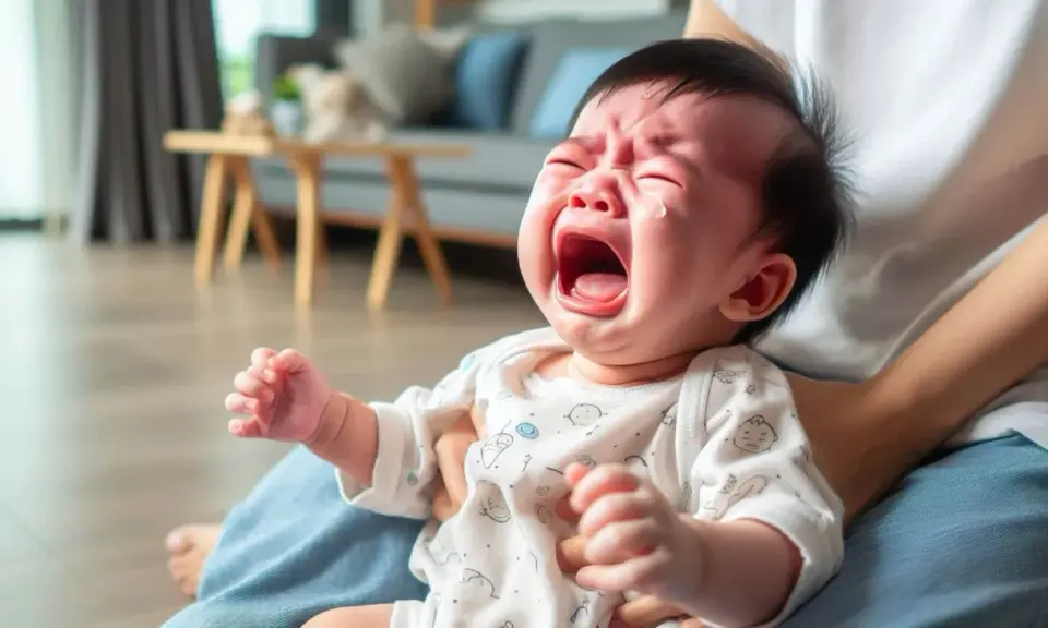 Un bebé enfadado llora desconsoladamente, con lágrimas en los ojos y la boca abierta.