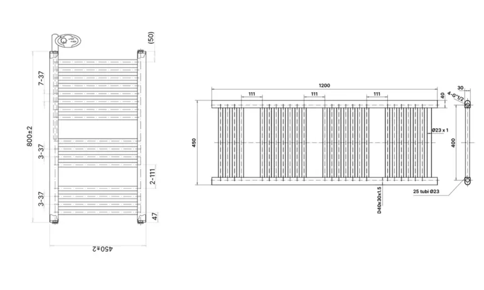 Disegno tecnico di un termoarredo, con misure dettagliate (800x450 mm), ideale per valutare lo spazio sopra il bidet.