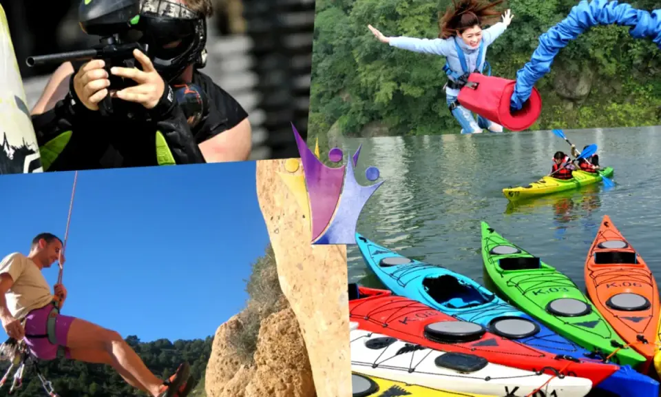 Collage de actividades de multiaventura con niños: paintball, escalada, kayak, puenting. ¡Diversión garantizada!