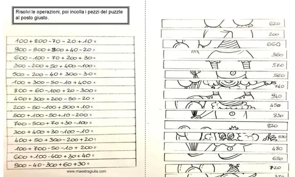 Schede matematica carnevale: risolvi le operazioni e incolla i pezzi del puzzle con i risultati corretti per completare le immagini.