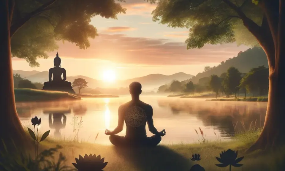 En person sitter i meditation vid en sjö, med en Buddha-staty i bakgrunden. Solnedgången skapar en fridfull atmosfär för meditation och buddhism.