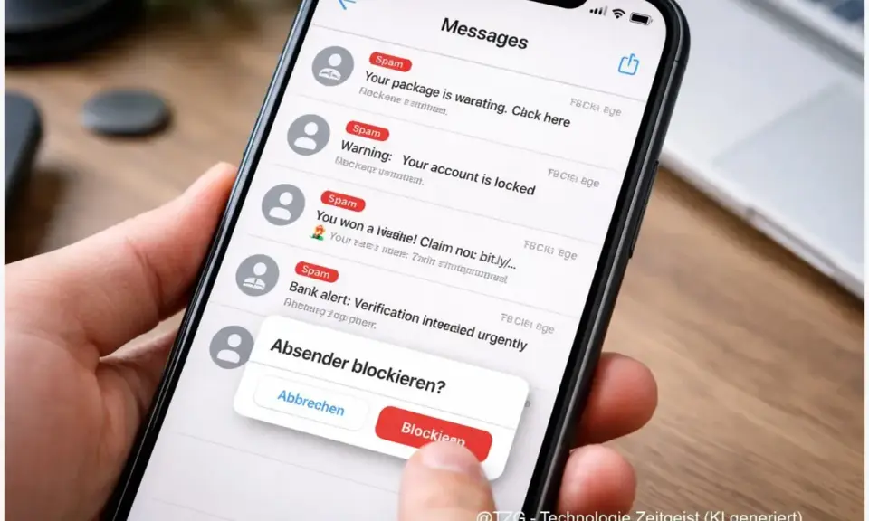 Hand blockiert unerwünschte SMS. Die Nachricht "Absender blockieren?" wird auf dem Smartphone angezeigt.