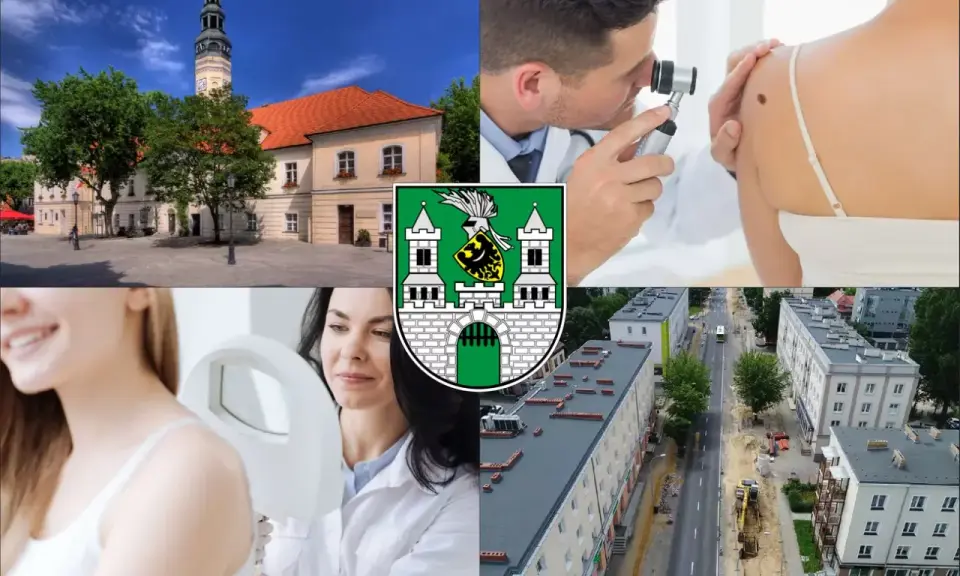Kolaż: ratusz, lekarz badający znamię, herb miasta, pacjentka i widok ulicy.