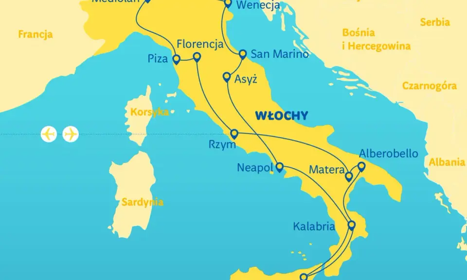 Mapa turystyczna Włoch z zaznaczoną trasą przez Mediolan, Florencję, Rzym, Neapol, Materę, Alberobello i Kalabrię.