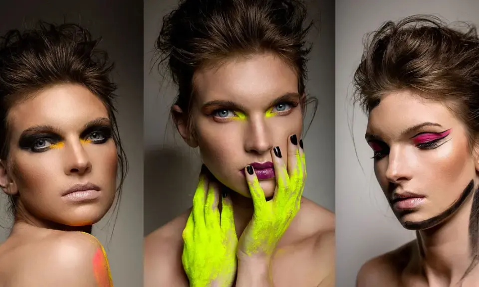 Trzy portrety beauty z odważnym makijażem: neonowy żółty, czarny i różowy.