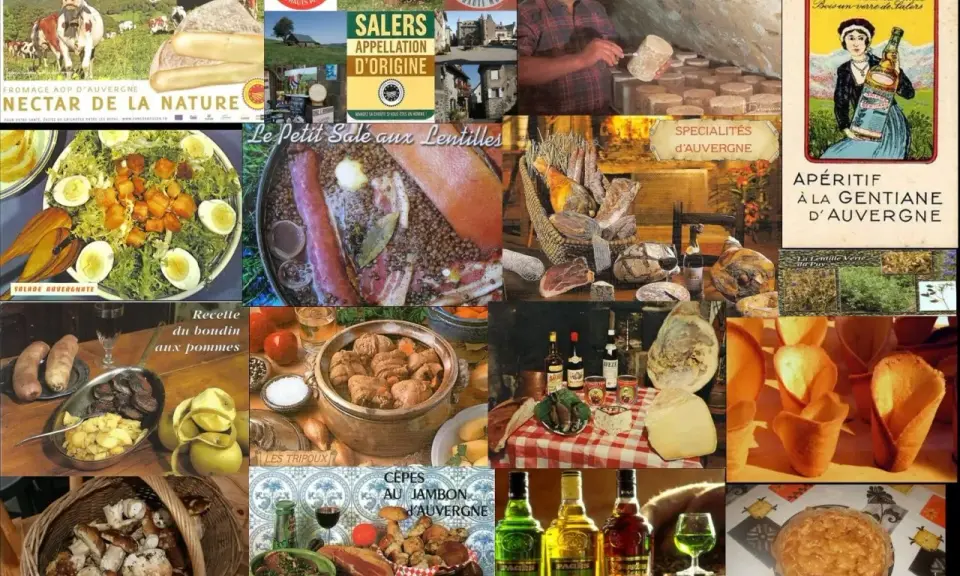 Collage de spécialités auvergnates : fromages, charcuterie, plats traditionnels comme les tripoux, et apéritif à la gentiane.