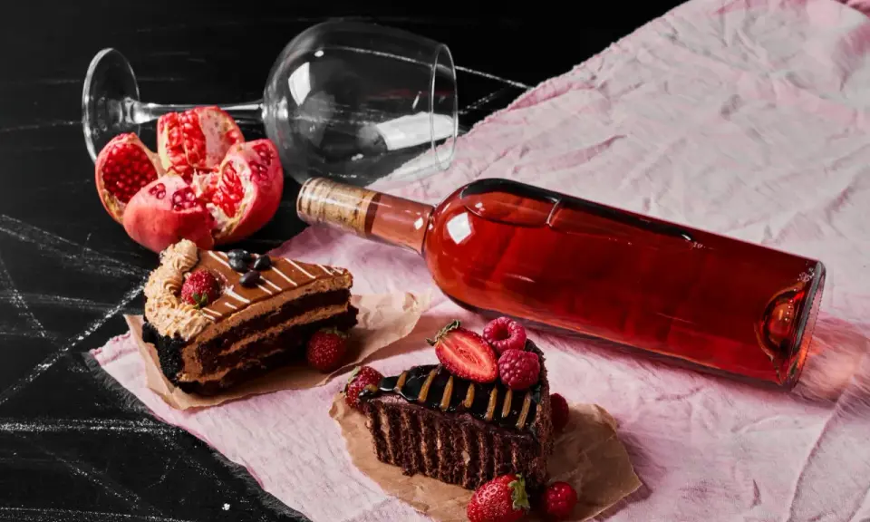 Dwa kawałki czekoladowego ciasta, granat i butelka czerwonego wina. Zastanawiasz się, jaki alkohol do tiramisu? Może to wino?