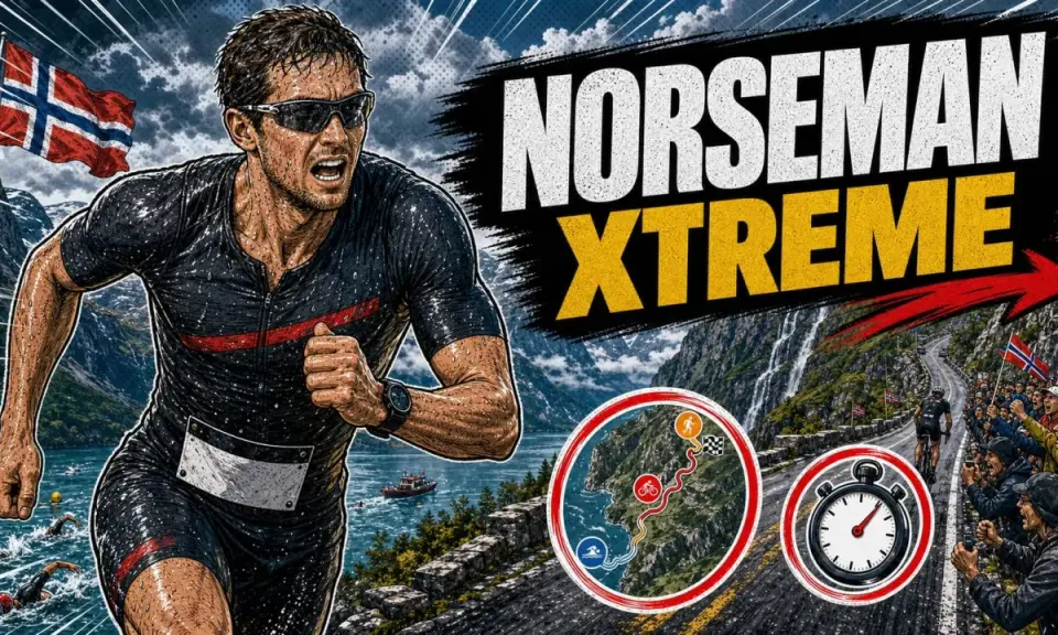 Ein Läufer beim Norseman Xtreme Triathlon in Norwegen. Schwimmen, Radfahren und Laufen in atemberaubender Fjordlandschaft.