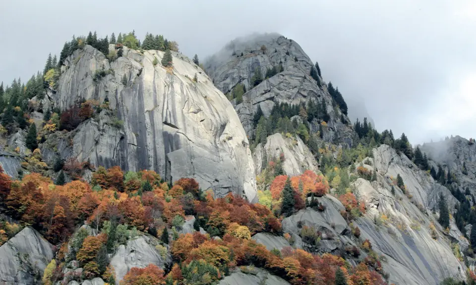 Val di Mello: maestose rocce grigie e boschi autunnali dai colori caldi, un paesaggio mozzafiato da scoprire.