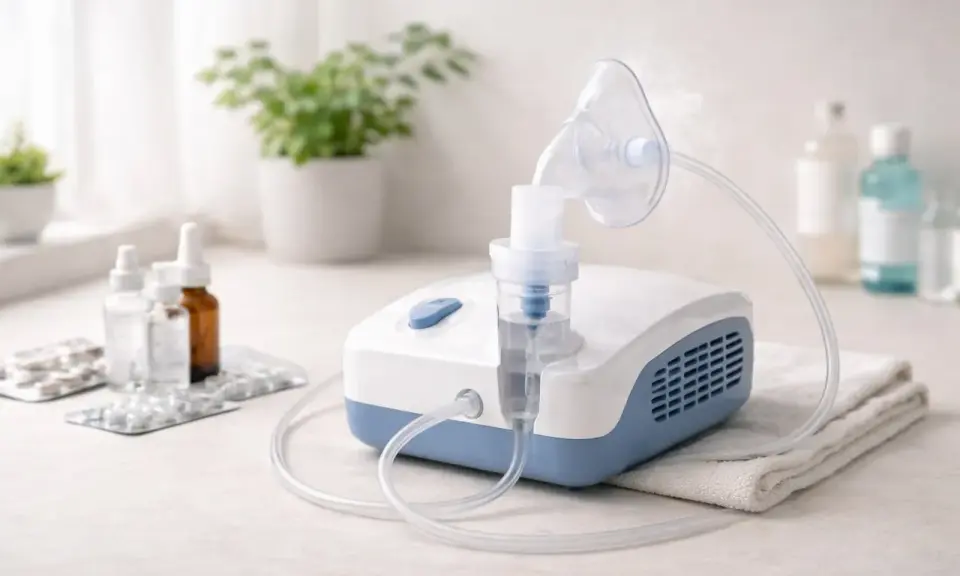 Nebulizator z maską, gotowy do podania leku w formie mgiełki. Na blacie obok leki i buteleczki.