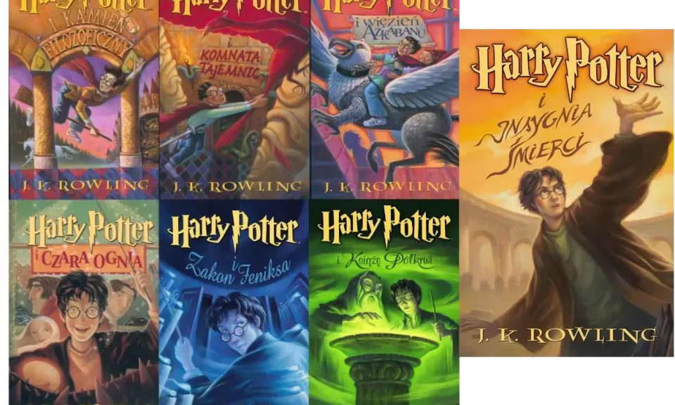 Okładki książek z uniwersum Harry'ego Pottera: Kamień Filozoficzny, Komnata Tajemnic, Więzień Azkabanu, Czara Ognia, Zakon Feniksa, Książę Półkrwi i Insygnia Śmierci.