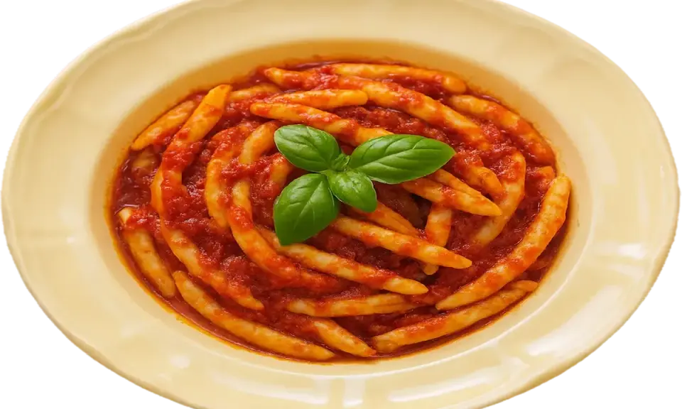 Pasta with tomato sauce and basil in a yellow bowl.