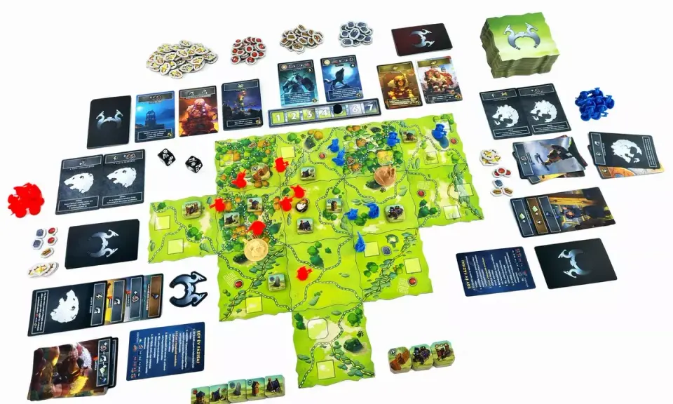 Plansza do gry **Northgard: Niezbadane Ziemie** z kartami, żetonami i figurkami.