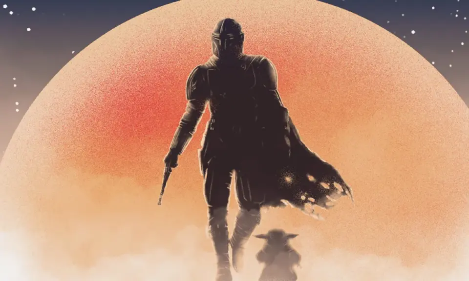 Mandalorian i Dziecko idą pod wielką, pomarańczową planetą. To jest ten sposób, mandalorian po polsku.