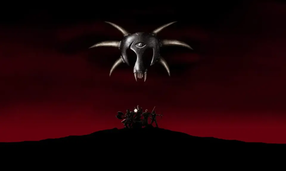 Gothic classic: grupa bohaterów na wzgórzu pod groźnym, demonicznym symbolem.