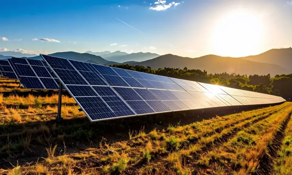 Solceller brf i solnedgången, med berg i bakgrunden. En grön och hållbar framtid för föreningen.