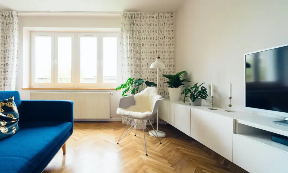 Jasny salon z niebieską kanapą i roślinami. Zasłony z wzorem pomogą jak wyciszyć pokój.