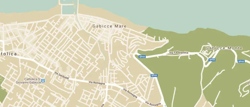 Cartina di Gabicce Mare e Cattolica, con strade, verde e il mare. Si vedono Gabicce Monte e Vigna del Mare.