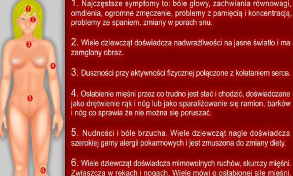 Ilustracja przedstawia schematyczne ciało kobiety z zaznaczonymi punktami, opisującymi potencjalne skutki uboczne po szczepieniu HPV: bóle głowy, omdlenia, problemy z koncentracją, nadwrażliwość na światło, duszności, osłabienie mięśni, nudności, alerg...