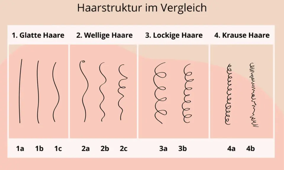 Vergleich von Haartypen: glatt, wellig, lockig und kraus. Hilft, den eigenen haartyp bestimmen.