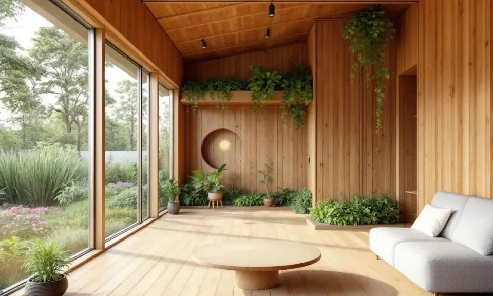Un salon lumineux tout en bois, avec de grandes baies vitrées donnant sur un jardin luxuriant. Ce **logement du futur** intègre la nature avec des plantes suspendues et des jardinières.