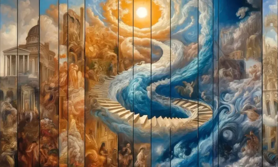 Eine surreale Reise durch die Zeit: Moderne Kunst zeigt antike Architektur, eine Himmelsleiter durch Wolken und stürmische Meere, die in himmlische Szenen übergehen.