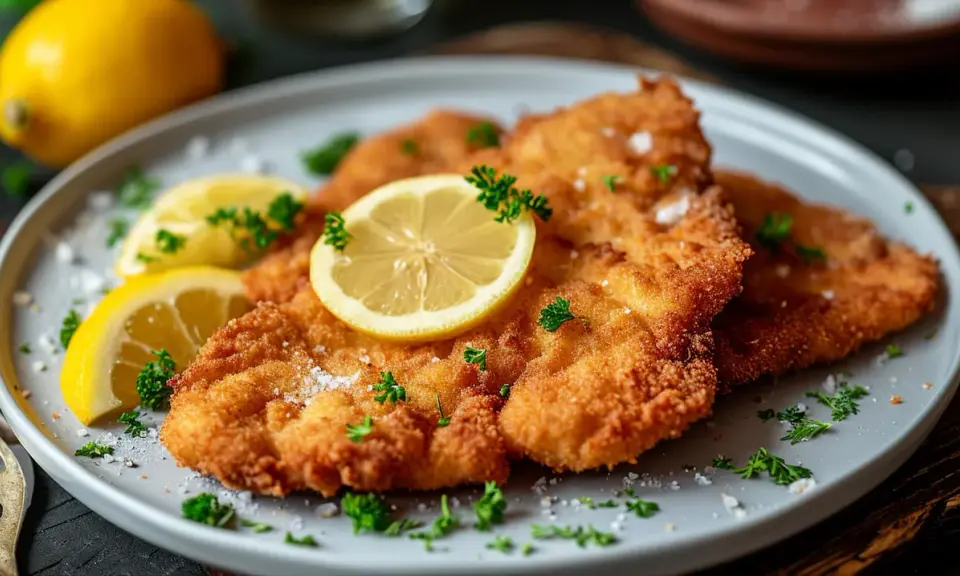 Ein knuspriges Wiener Schnitzel, garniert mit Zitronenspalten und Petersilie, wartet auf den Genuss.