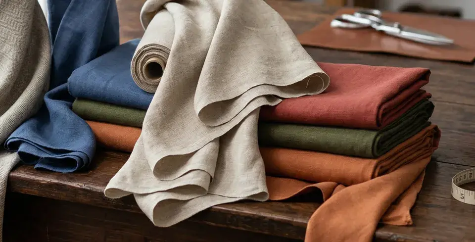En hög med tygrullar i olika färger, alla av lin material. En rulle med fiskbensmönster, en blå, en beige, en röd, en grön och en orange.