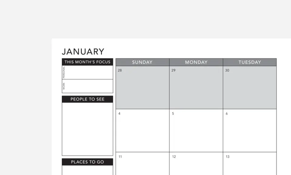 Calendrier de janvier avec sections pour les objectifs, les personnes à voir et les lieux à visiter. Une application agenda gratuite pour organiser votre mois.