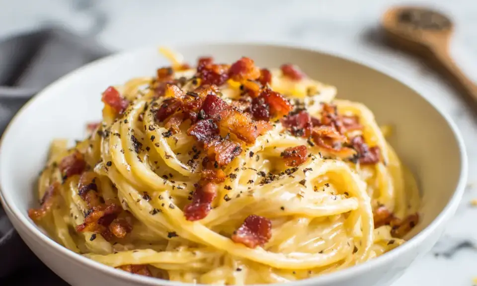 En skål med krämig, klassisk carbonara med knaprigt bacon och nymalen svartpeppar.