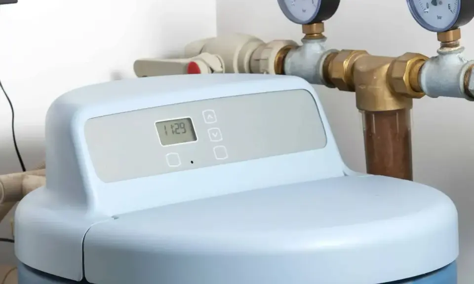 Adoucisseur d'eau moderne avec écran digital affichant l'heure. Les tuyaux et manomètres suggèrent une installation de rupture de charge adoucisseur.