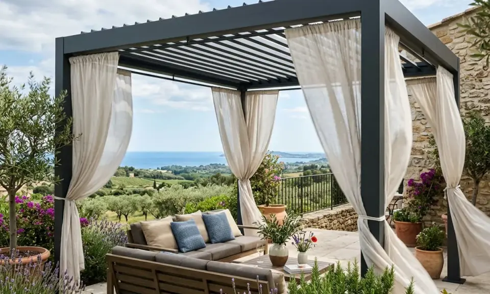 Pergola bioclimatique avec salon extérieur, vue mer. Idéal pour choisir votre espace de détente.