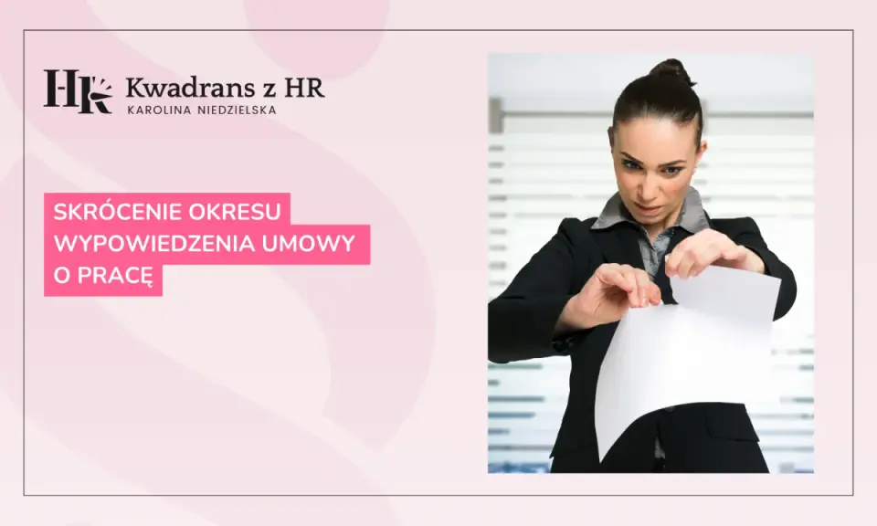 Kobieta w garniturze rozdziera dokument. Temat: skrócenie okresu wypowiedzenia umowy o pracę.