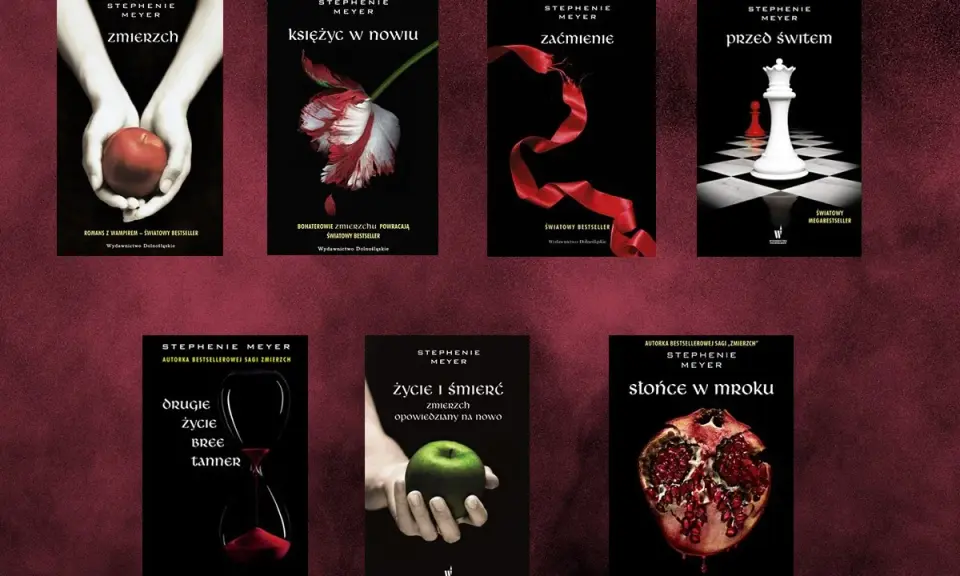Saga Zmierzch- ile jest części? Na zdjęciu okładki 5 głównych tomów: Zmierzch, Księżyc w nowiu, Zaćmienie, Przed świtem, oraz dodatkowe: Drugie życie Bree Tanner i Życie i śmierć.